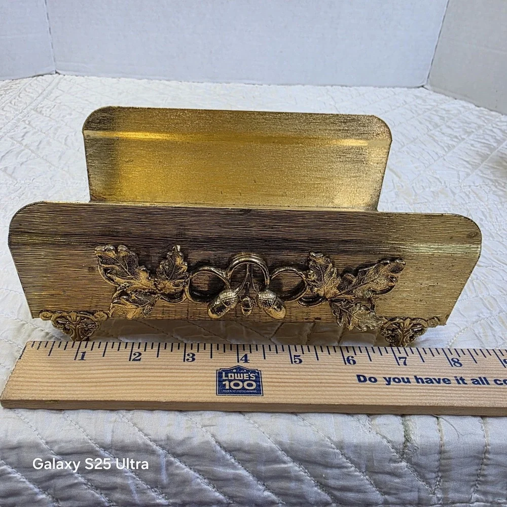 Vintage Hollywood Regency Gold Leaves Acorns Tissue Napkin Mail Holder Victorian